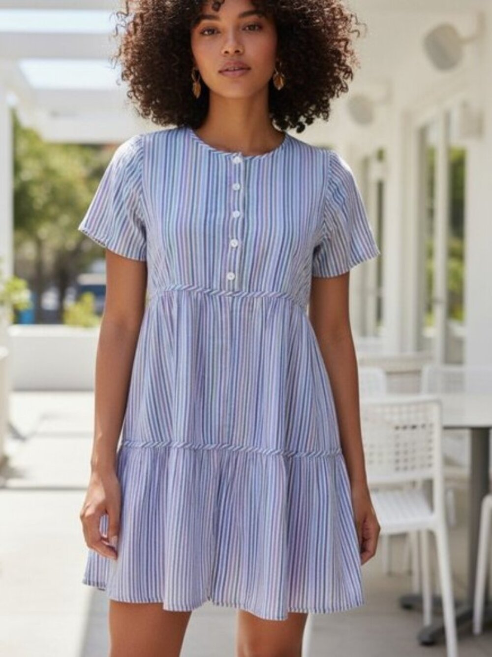 MADEWELL Striped Tiered Mini Dress XS Babydoll Swing Tunic Ruffle 100% Cotton - Picture 1 of 15